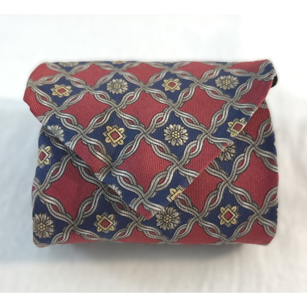 Bert Pulitzer All Silk Necktie Red Blue‎ Gold Floral Geometric Pattern